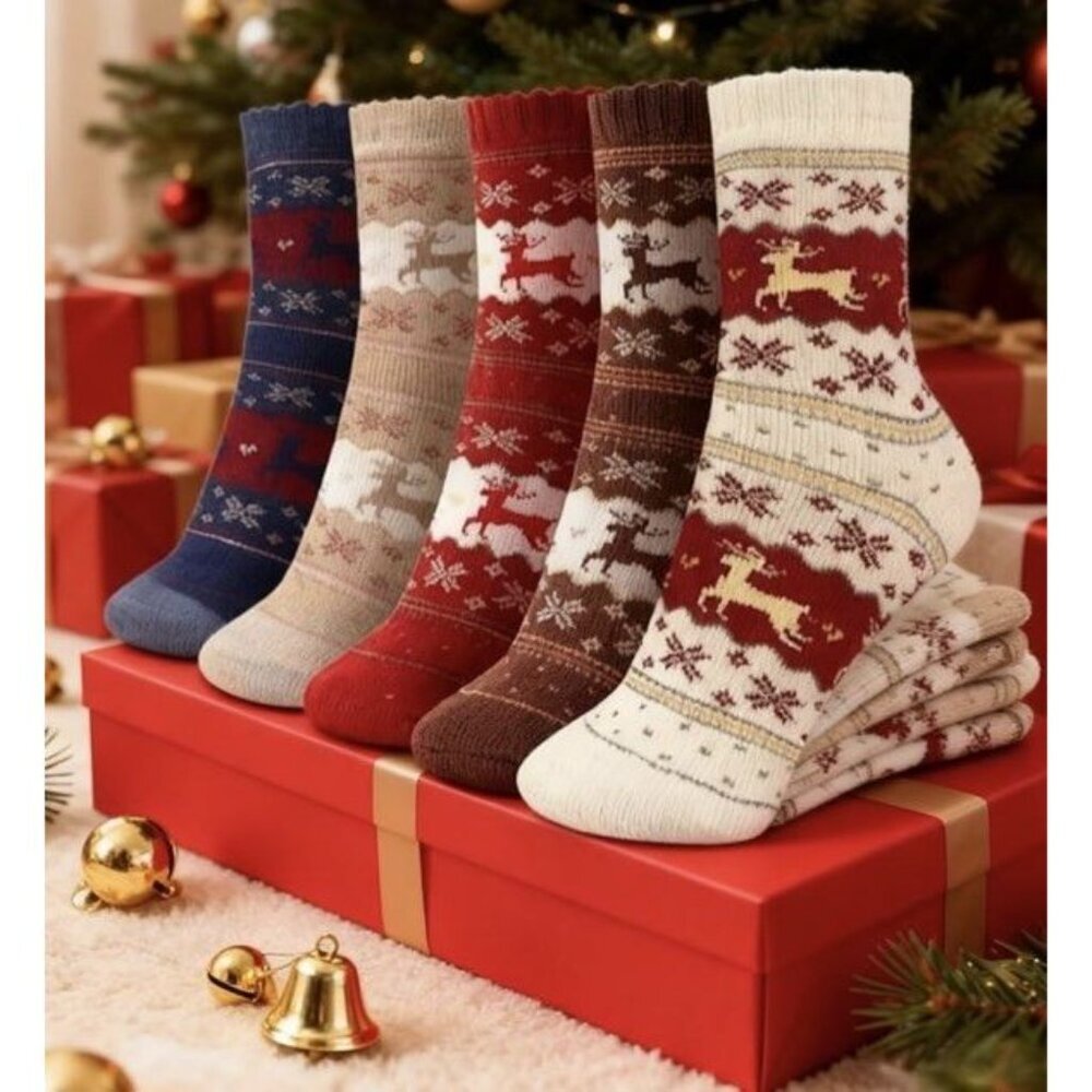 NEW 5 Sets Womens Wool Blend Reindeer Fair Isle Snowflake Cabin Socks Bundle - Picture 5 of 5